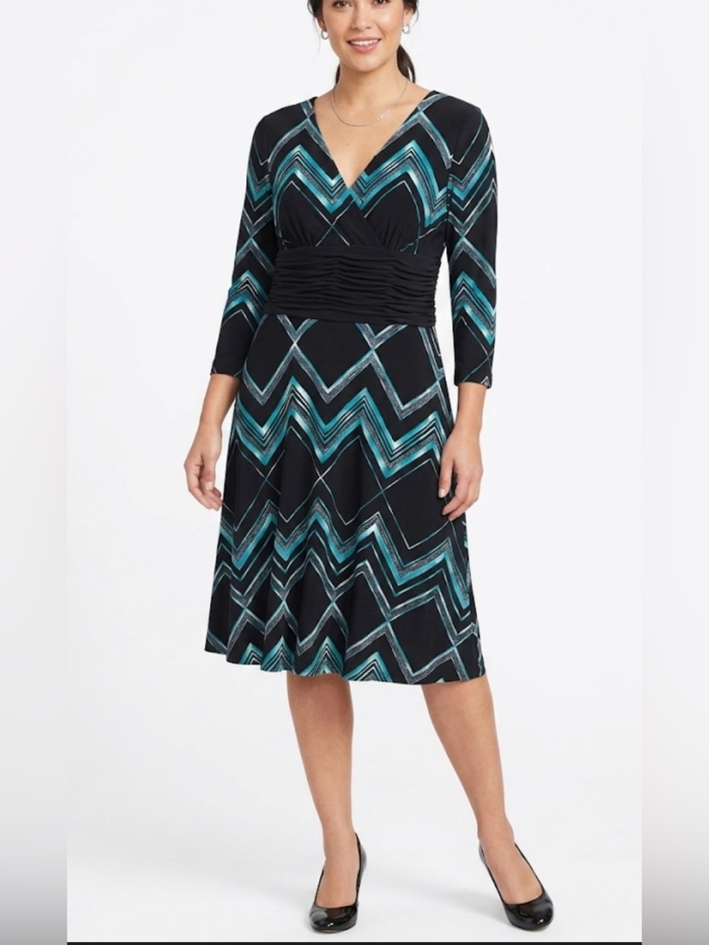 Evan Picone Black and Teal Chevron Dress - Size 8